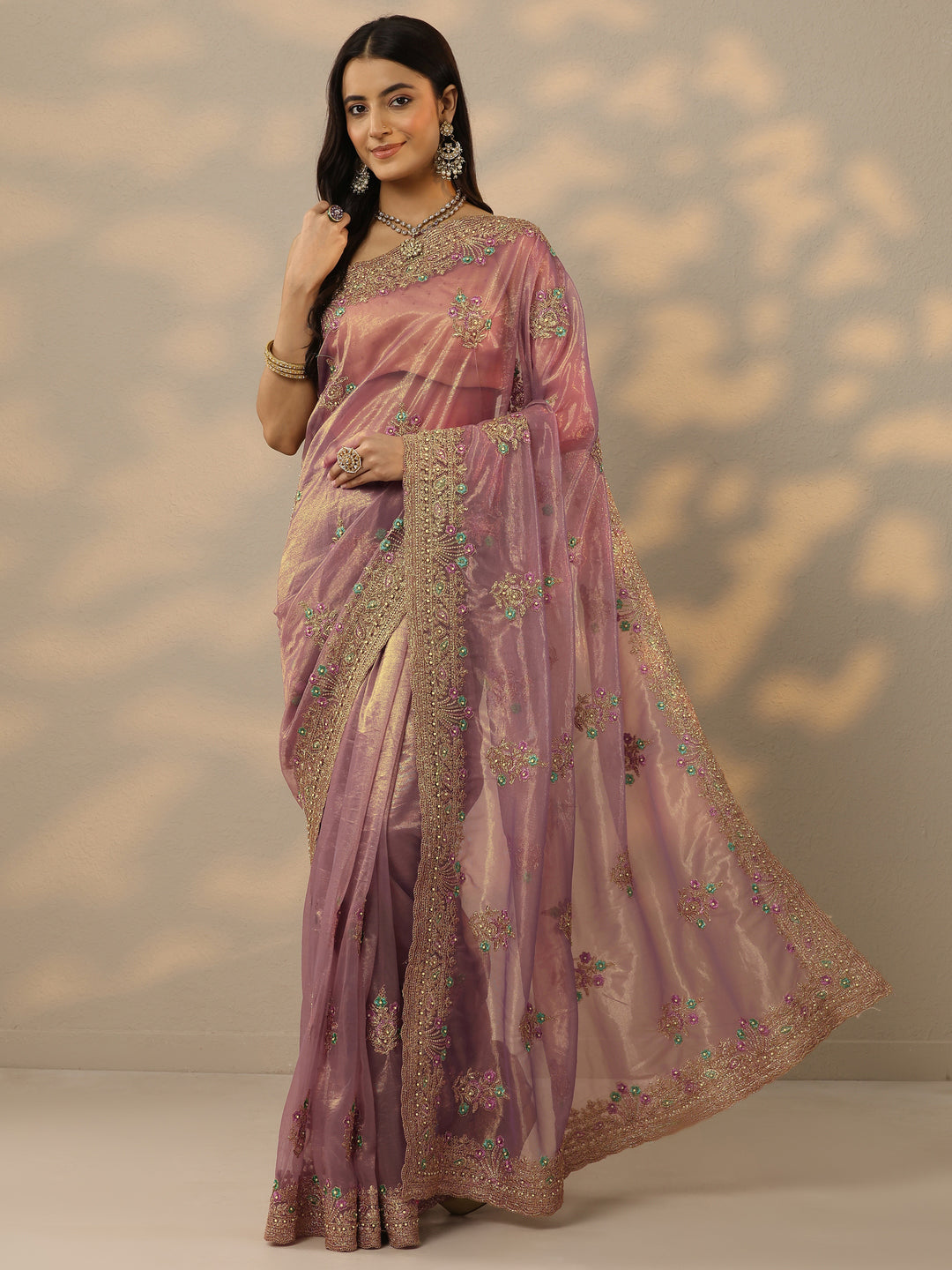 Libas Mauve Embroidered Nylon Saree With Unstitched Blouse Piece