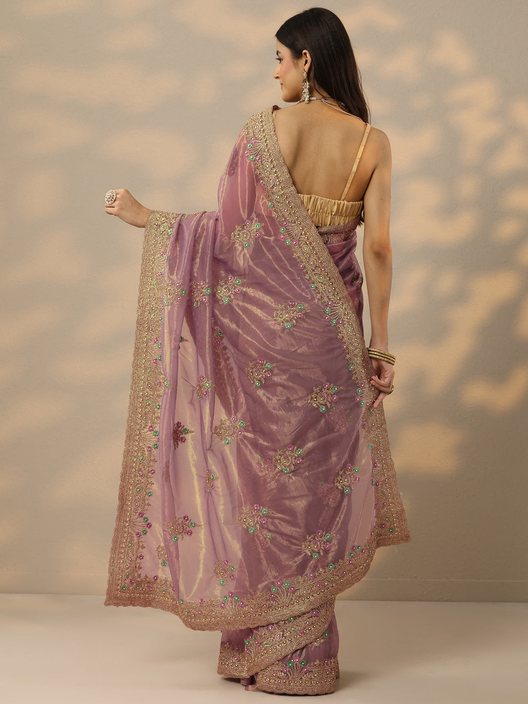 Libas Mauve Embroidered Nylon Saree With Unstitched Blouse Piece