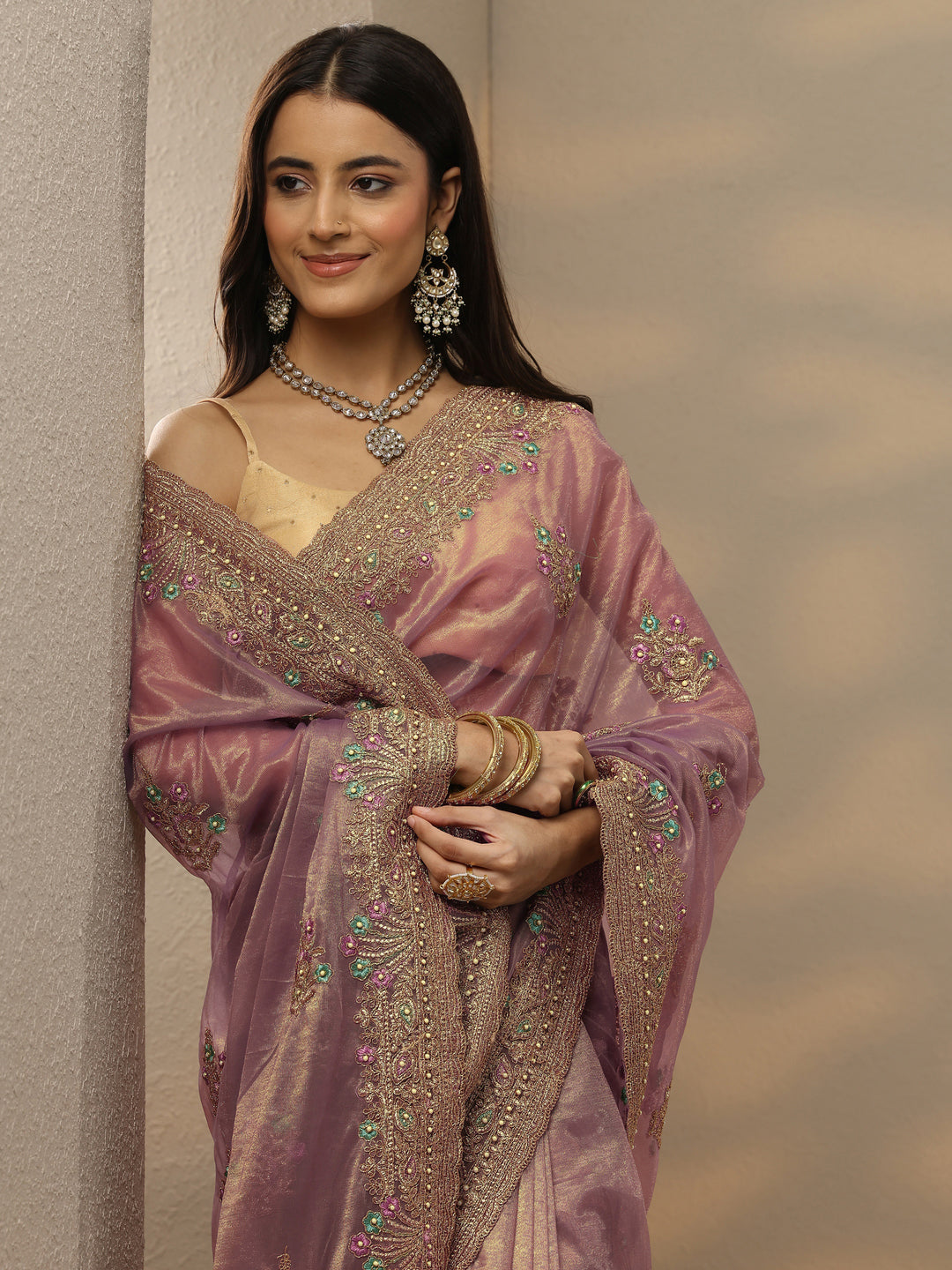Libas Mauve Embroidered Nylon Saree With Unstitched Blouse Piece