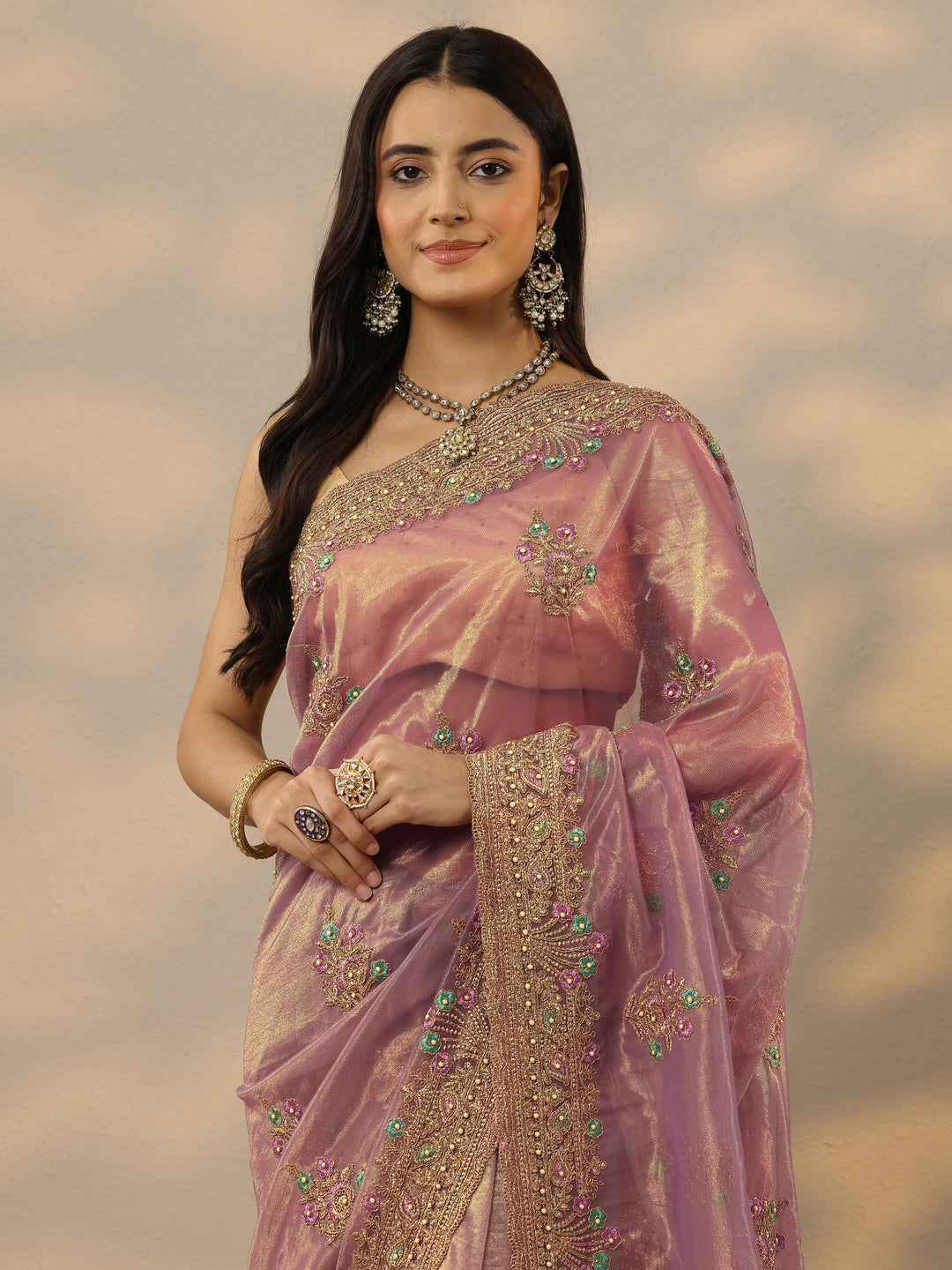 Libas Mauve Embroidered Nylon Saree With Unstitched Blouse Piece