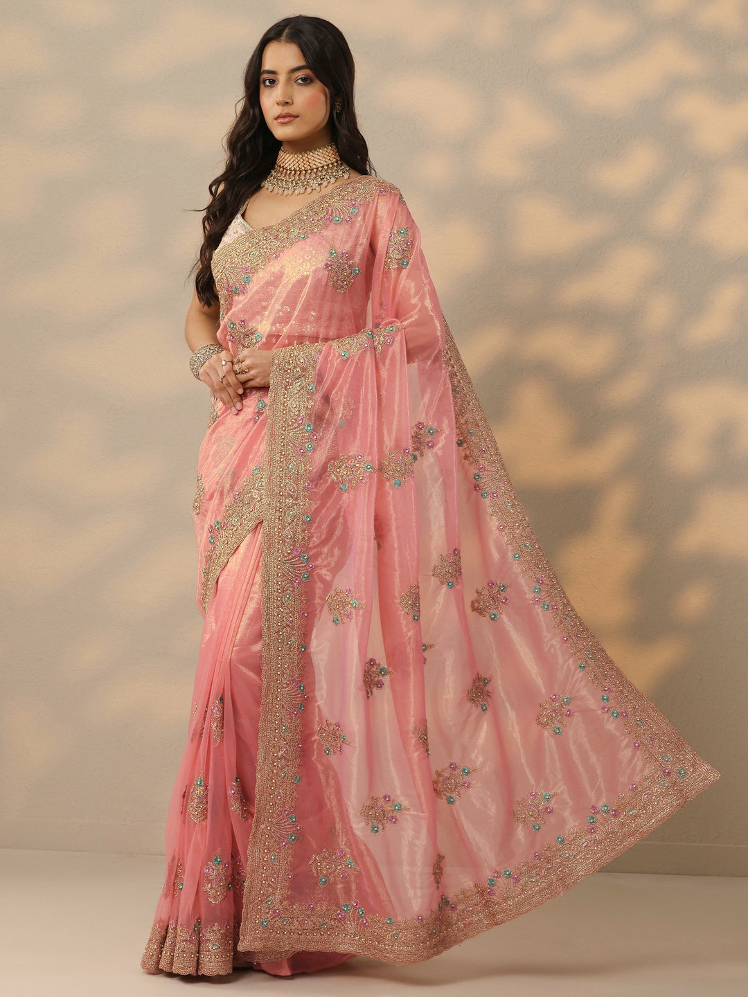 Peach Embroidered Nylon Saree With Unstitched Blouse Piece