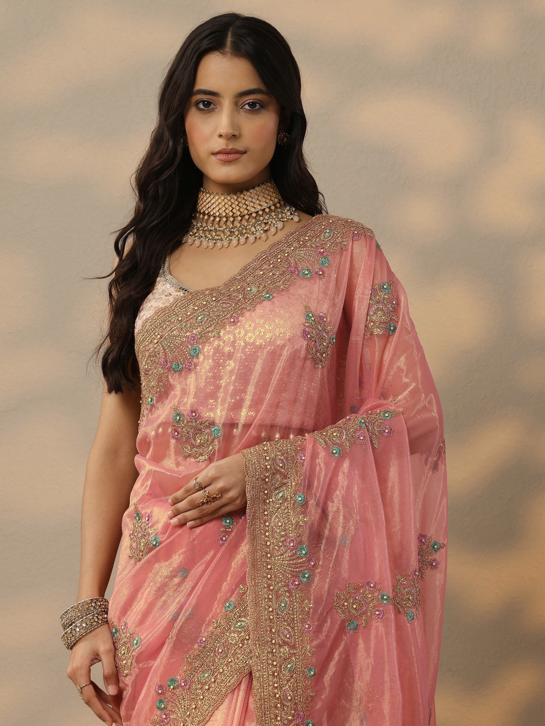 Peach Embroidered Nylon Saree With Unstitched Blouse Piece