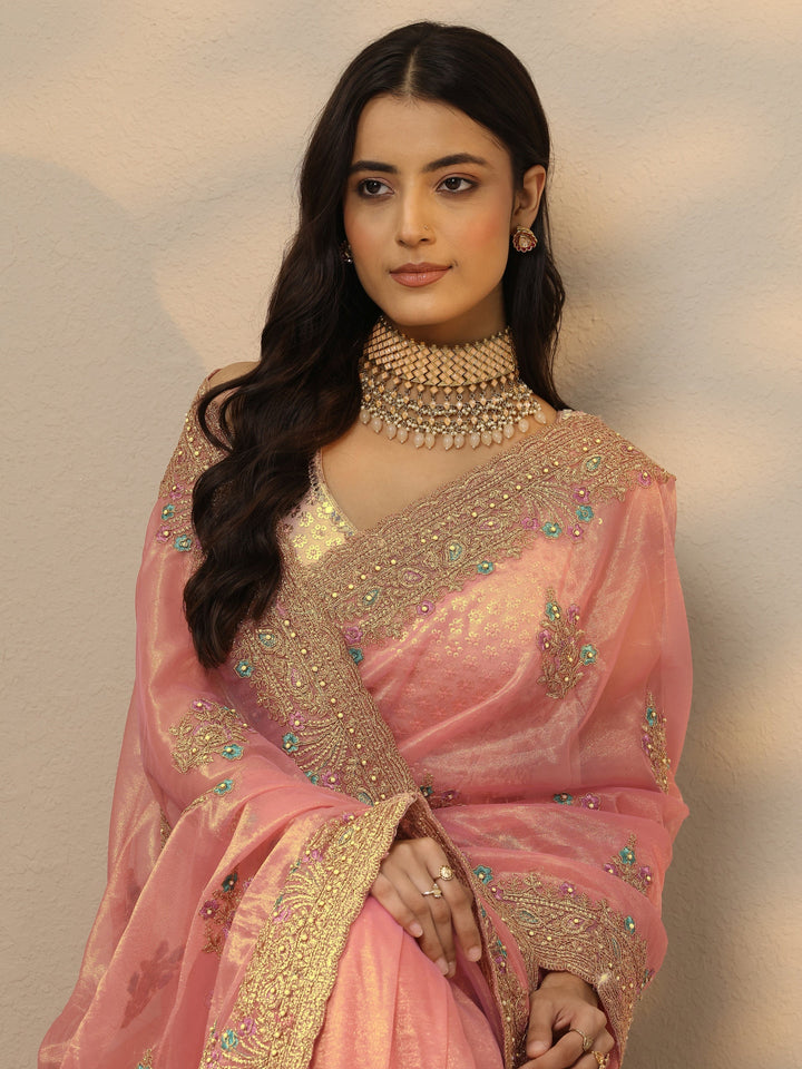 Peach Embroidered Nylon Saree With Unstitched Blouse Piece