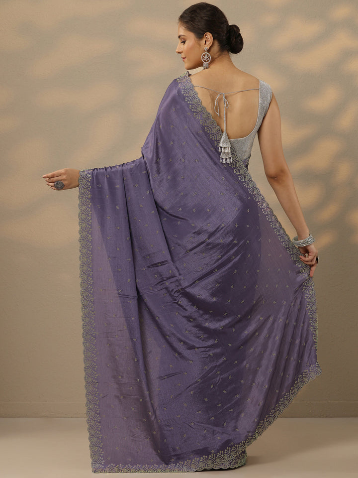 Lavender Embellished Silk Blend Saree With Unstitched Blouse Piece