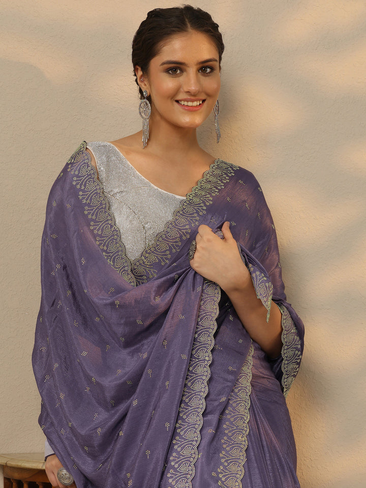 Lavender Embellished Silk Blend Saree With Unstitched Blouse Piece