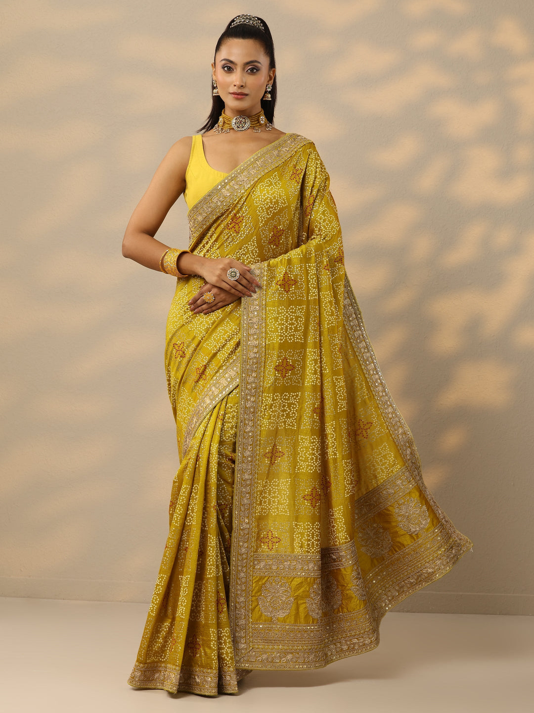 Mustard Printed Banarasi Silk Blend Saree With Unstitched Blouse Piece