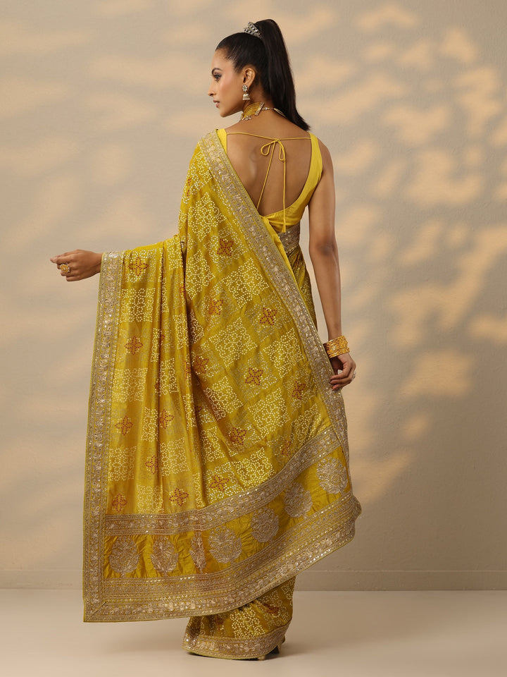 Mustard Printed Banarasi Silk Blend Saree With Unstitched Blouse Piece