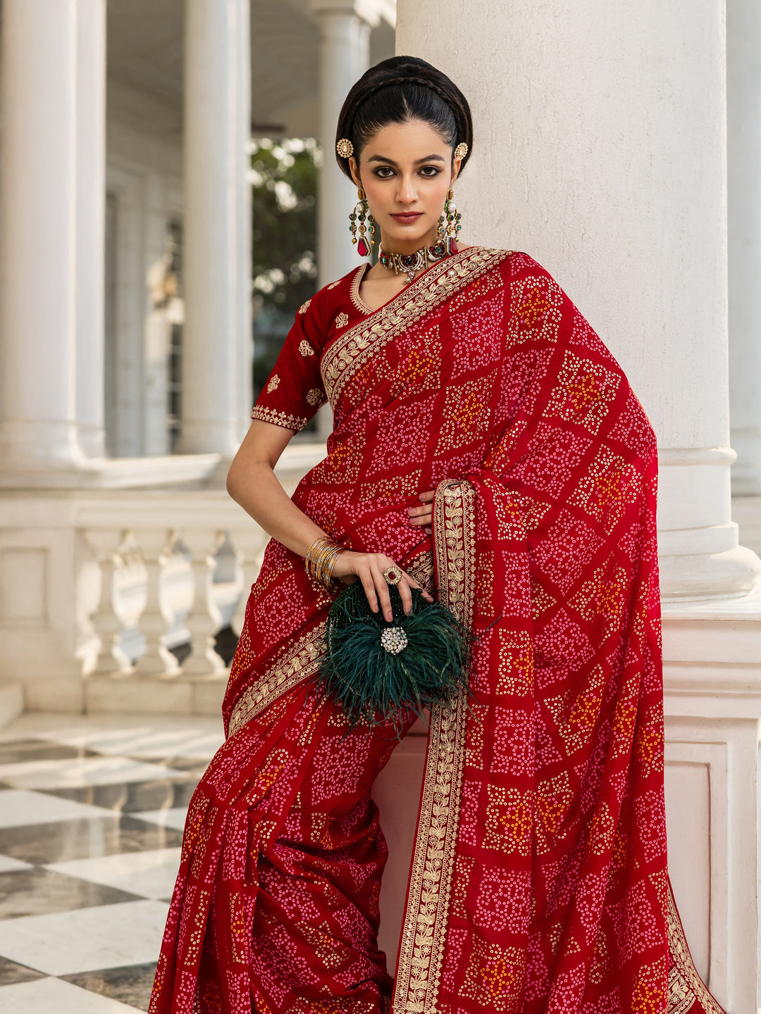 Red Bandhani  Printed Silk Blend Saree With Unstitched Blouse Piece