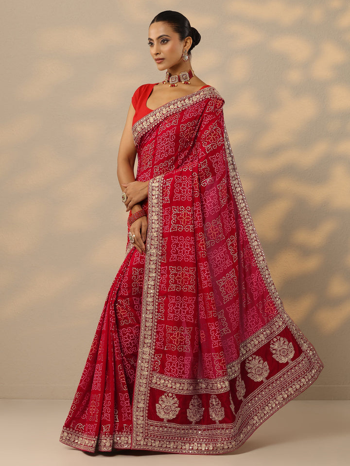 Red Bandhani  Printed Silk Blend Saree With Unstitched Blouse Piece