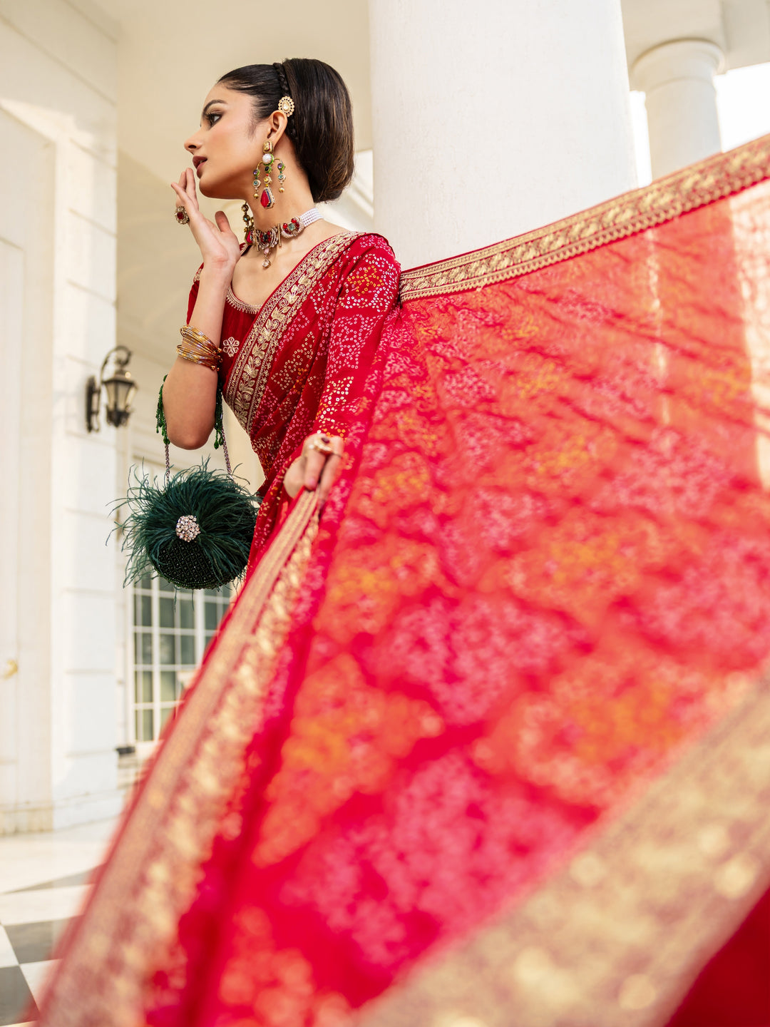 Red Bandhani  Printed Silk Blend Saree With Unstitched Blouse Piece