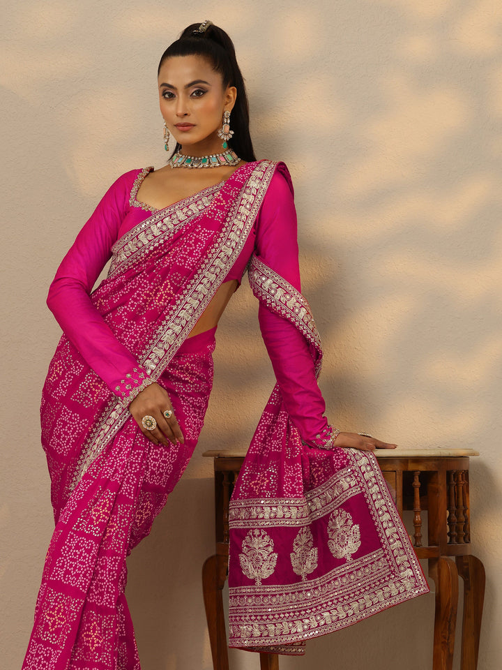 Pink Bandhani  Printed Silk Blend Saree With Unstitched Blouse Piece