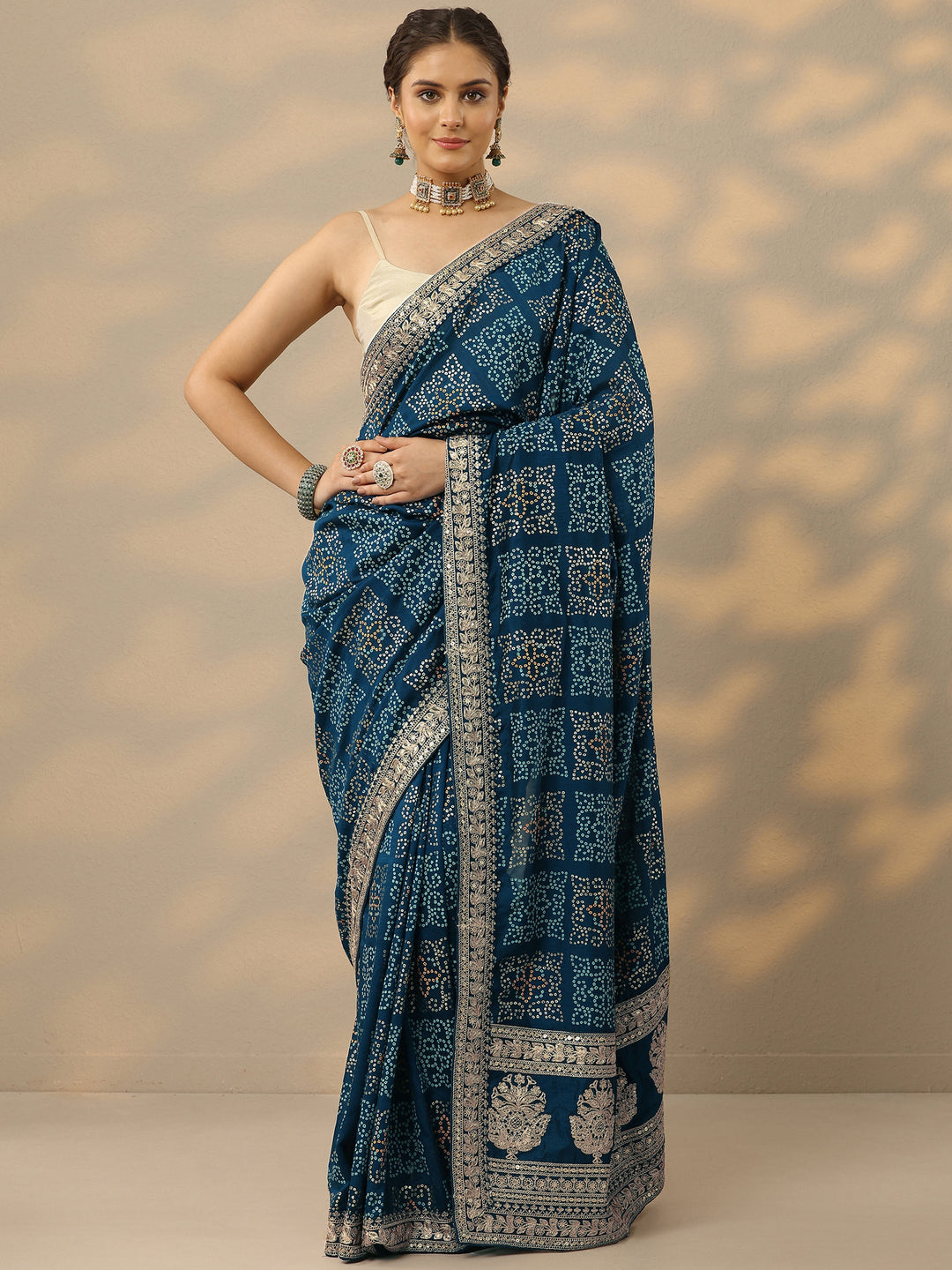 Blue Bandhani  Printed Silk Blend Saree With Unstitched Blouse Piece