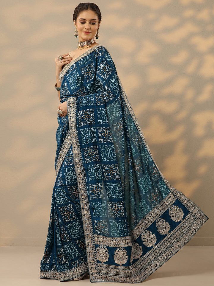 Blue Bandhani  Printed Silk Blend Saree With Unstitched Blouse Piece