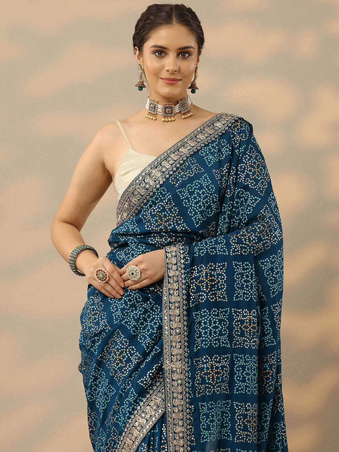 Blue Bandhani  Printed Silk Blend Saree With Unstitched Blouse Piece