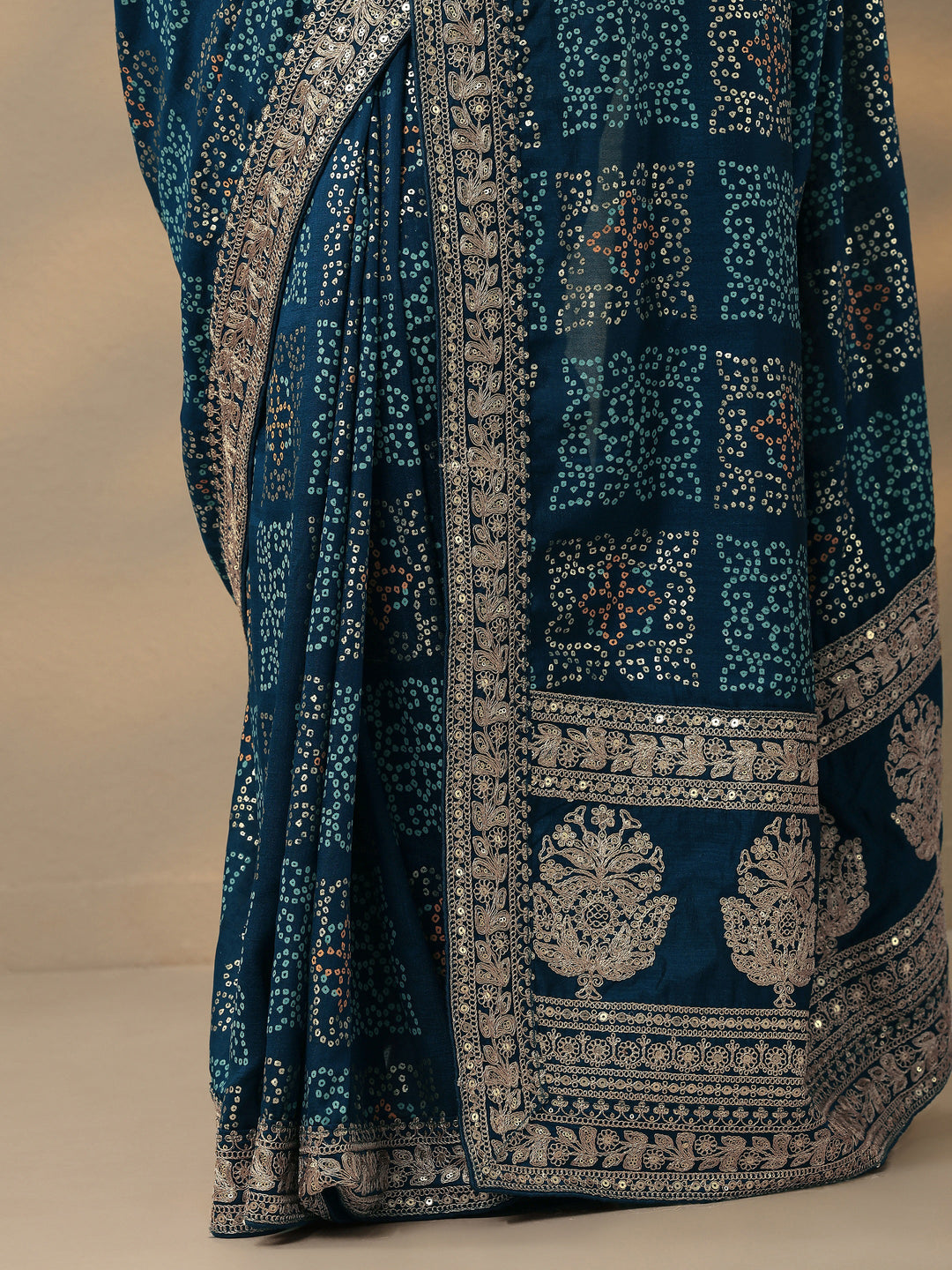 Blue Bandhani  Printed Silk Blend Saree With Unstitched Blouse Piece