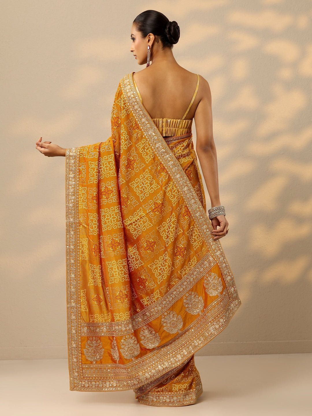 Mustard Bandhani  Printed Silk Blend Saree With Unstitched Blouse Piece