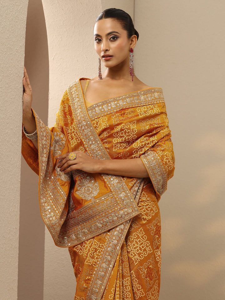 Mustard Bandhani  Printed Silk Blend Saree With Unstitched Blouse Piece