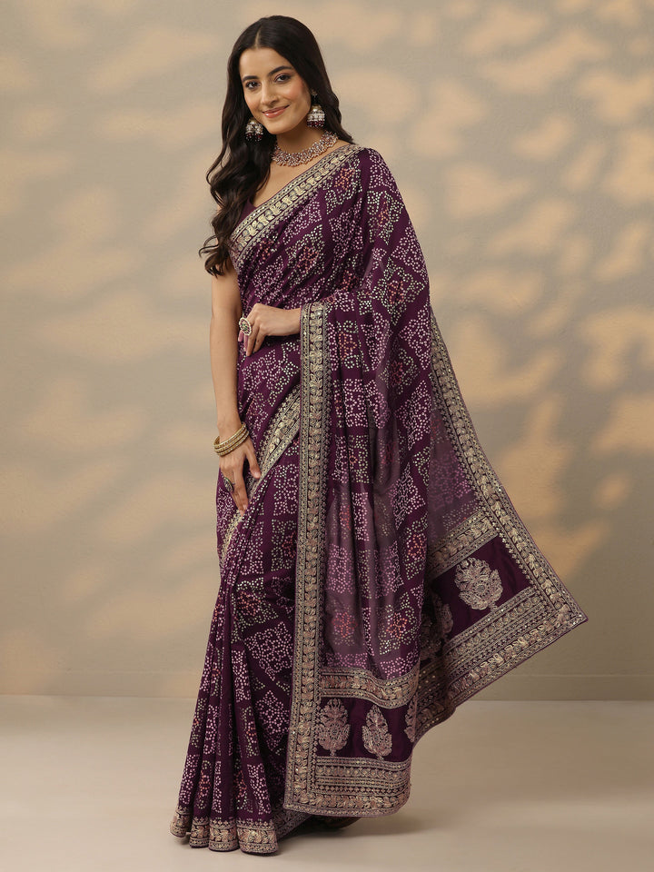 Burgundy Bandhani Printed Silk Blend Saree With Unstitched Blouse Piece