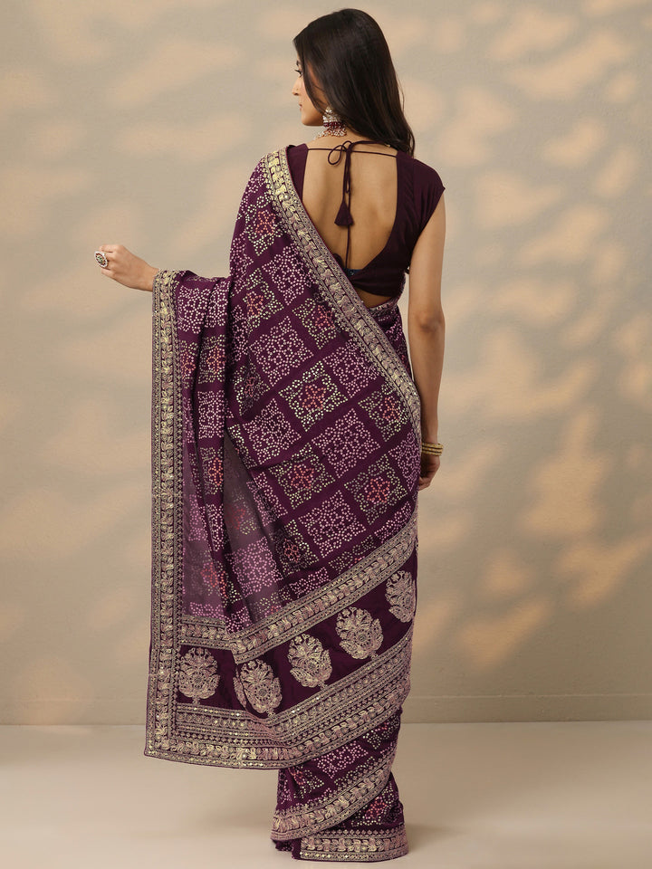 Burgundy Bandhani Printed Silk Blend Saree With Unstitched Blouse Piece