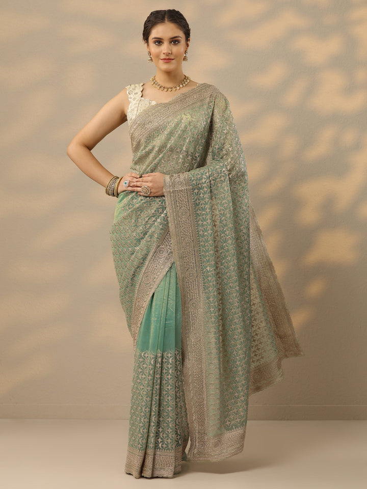 Green Embroidered Nylon Saree With Unstitched Blouse Piece