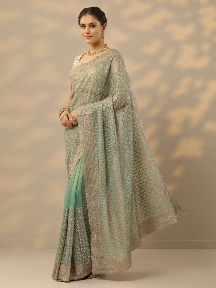 Green Embroidered Nylon Saree With Unstitched Blouse Piece