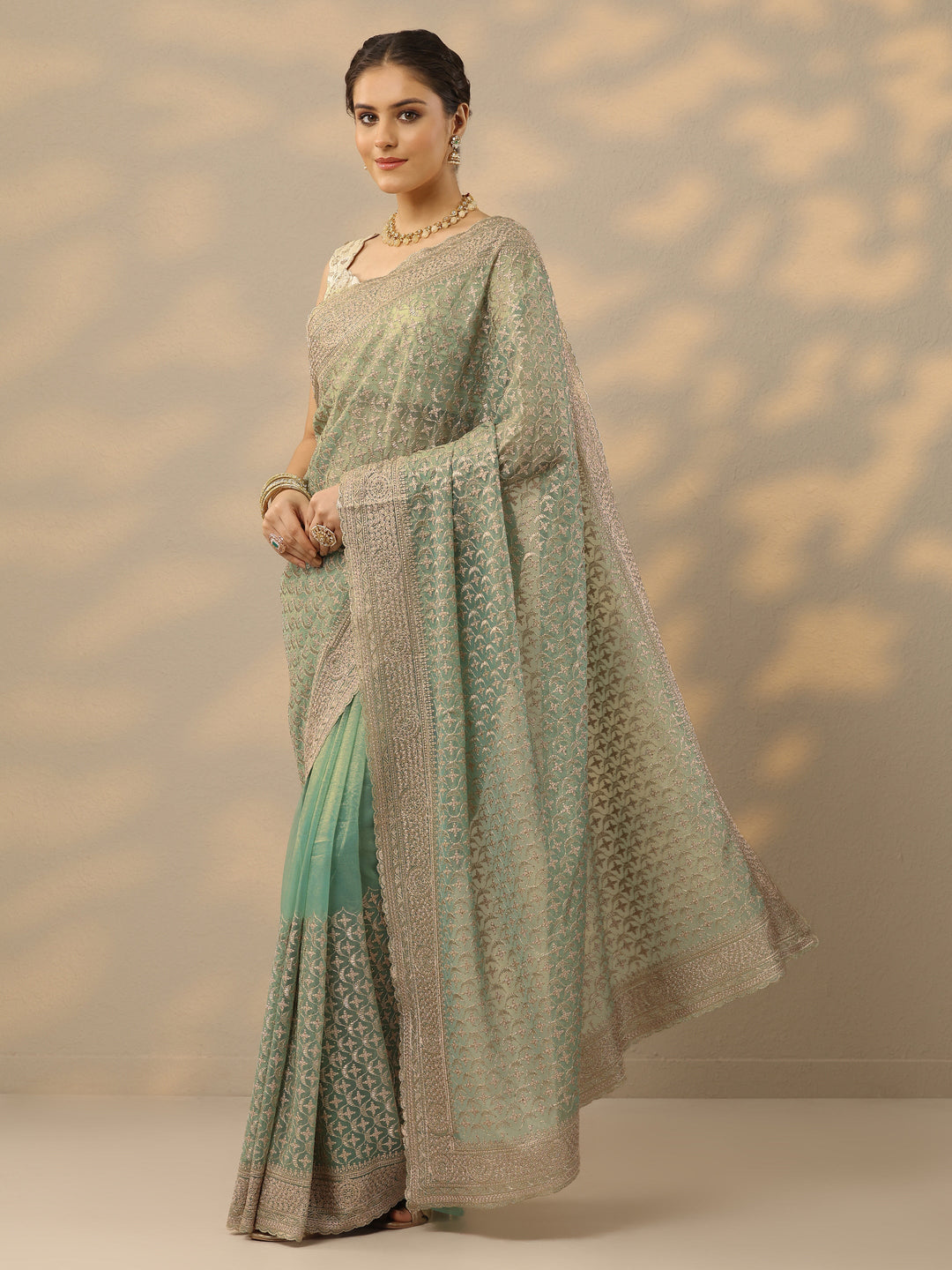 Green Embroidered Nylon Saree With Unstitched Blouse Piece