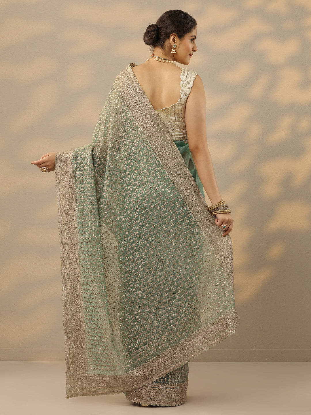 Green Embroidered Nylon Saree With Unstitched Blouse Piece
