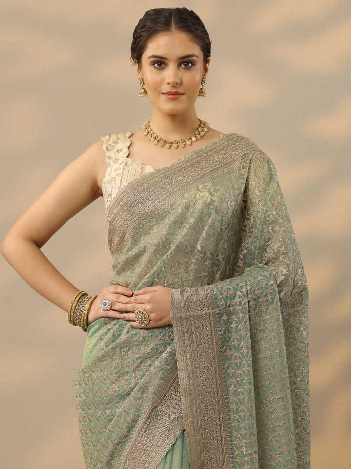Green Embroidered Nylon Saree With Unstitched Blouse Piece