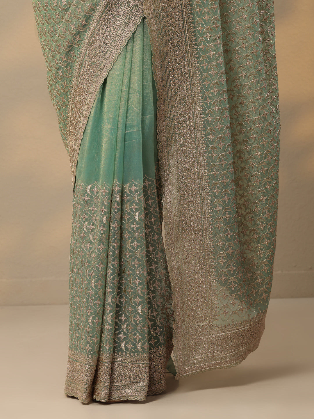 Green Embroidered Nylon Saree With Unstitched Blouse Piece