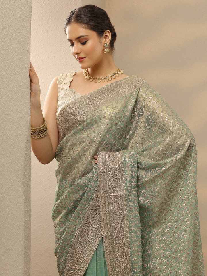 Green Embroidered Nylon Saree With Unstitched Blouse Piece