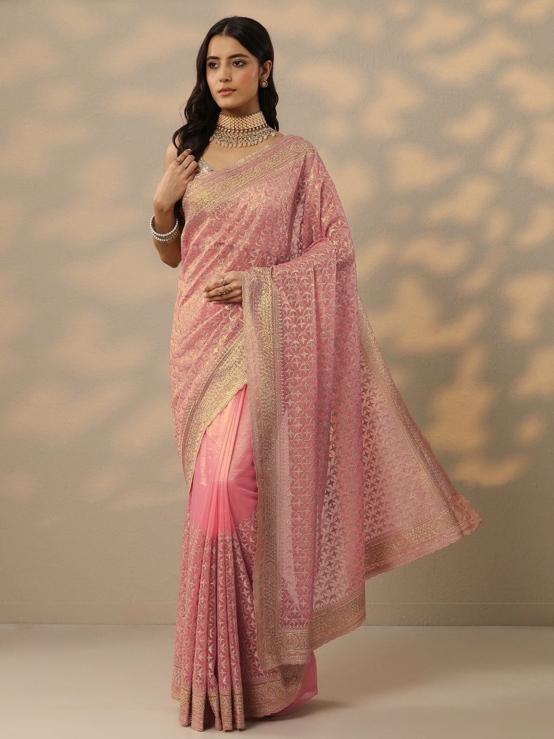 Peach Embroidered Banarasi Nylon Saree With Unstitched Blouse Piece