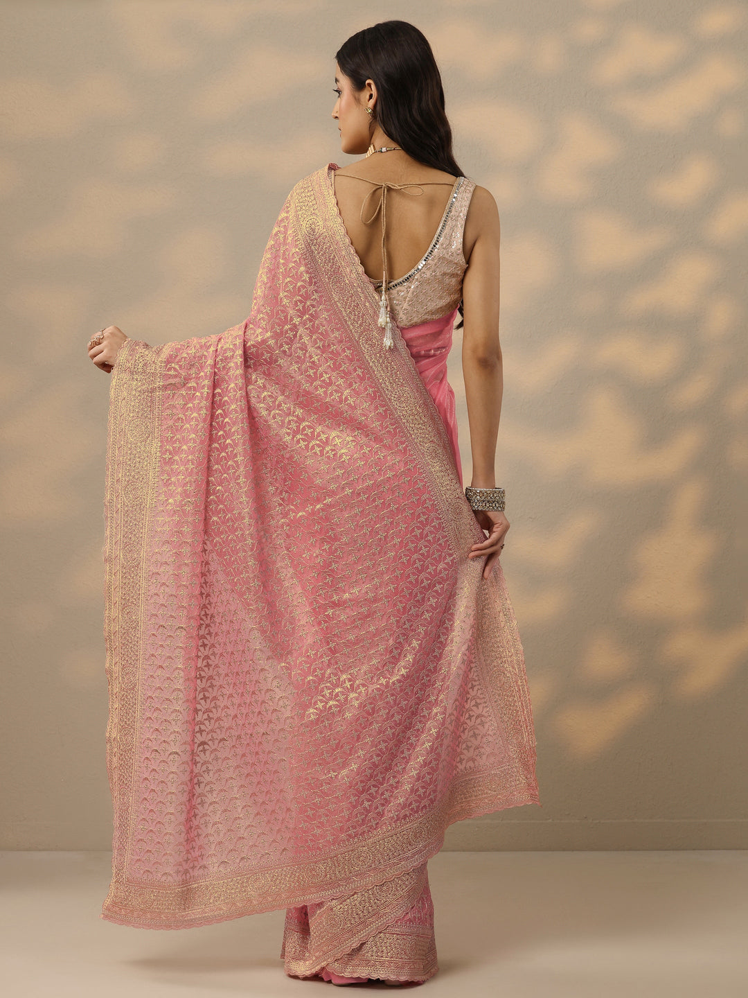 Peach Embroidered Banarasi Nylon Saree With Unstitched Blouse Piece