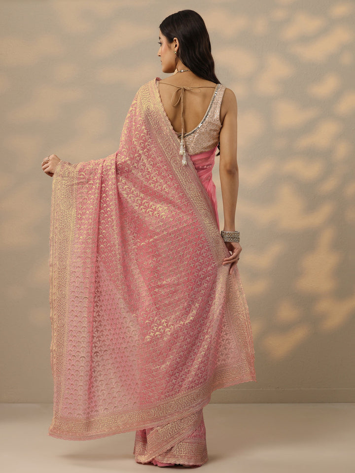 Peach Embroidered Banarasi Nylon Saree With Unstitched Blouse Piece