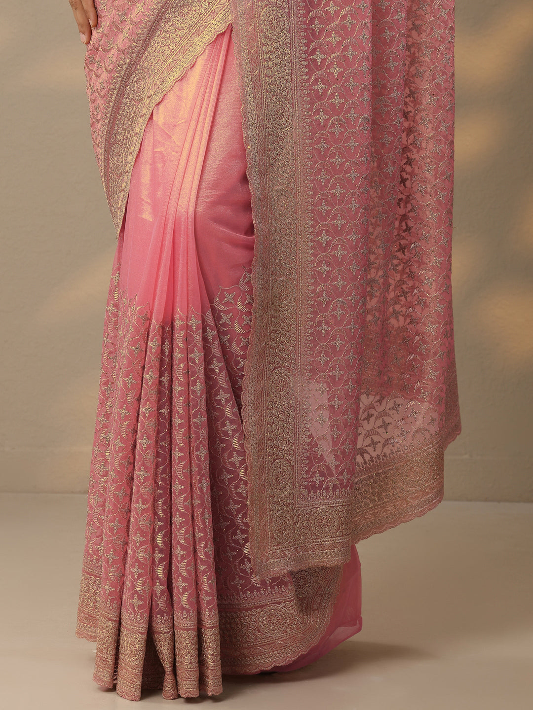 Peach Embroidered Banarasi Nylon Saree With Unstitched Blouse Piece