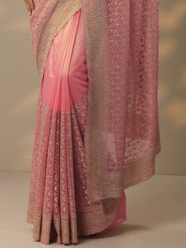 Peach Embroidered Banarasi Nylon Saree With Unstitched Blouse Piece