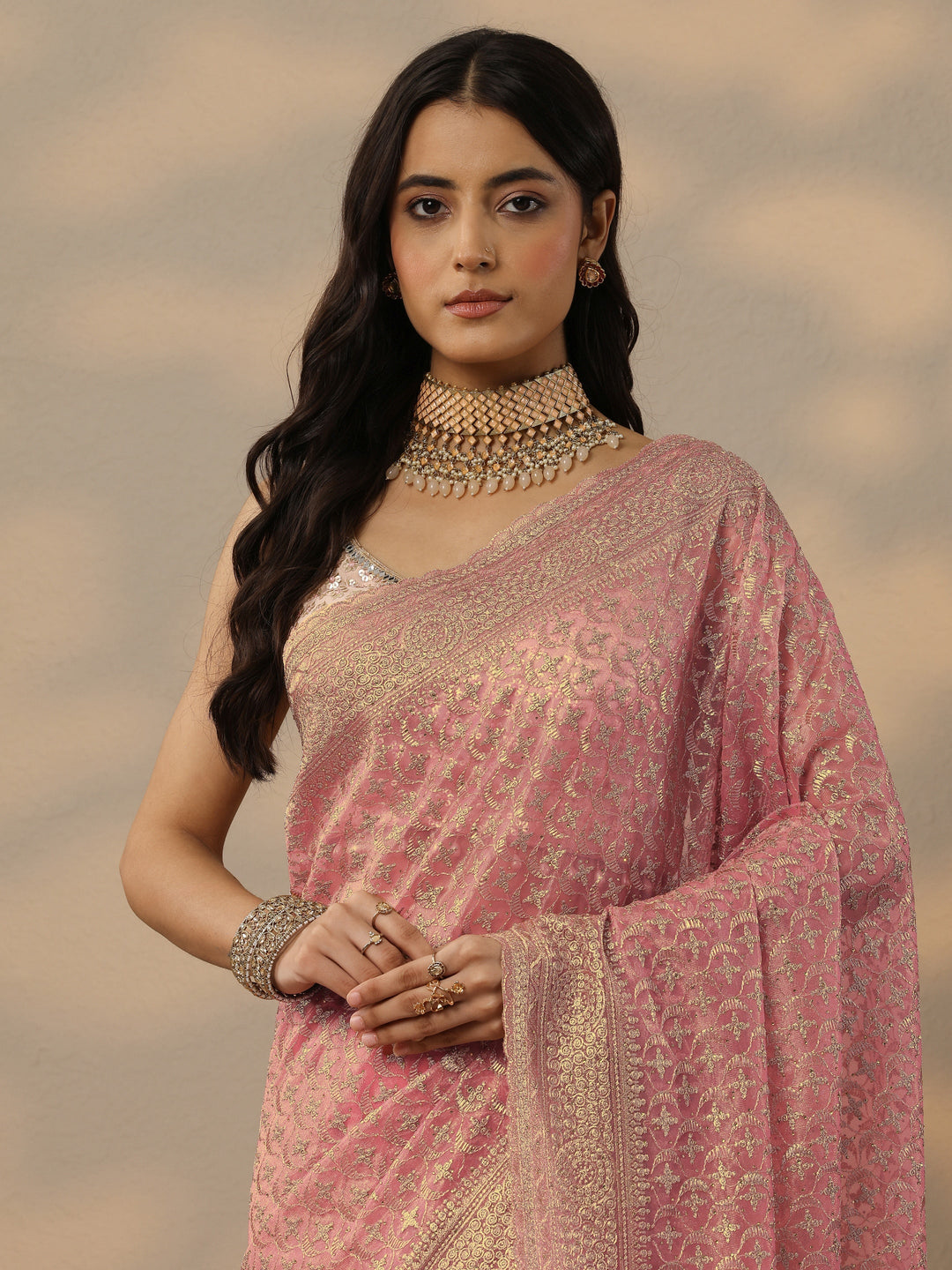 Peach Embroidered Banarasi Nylon Saree With Unstitched Blouse Piece