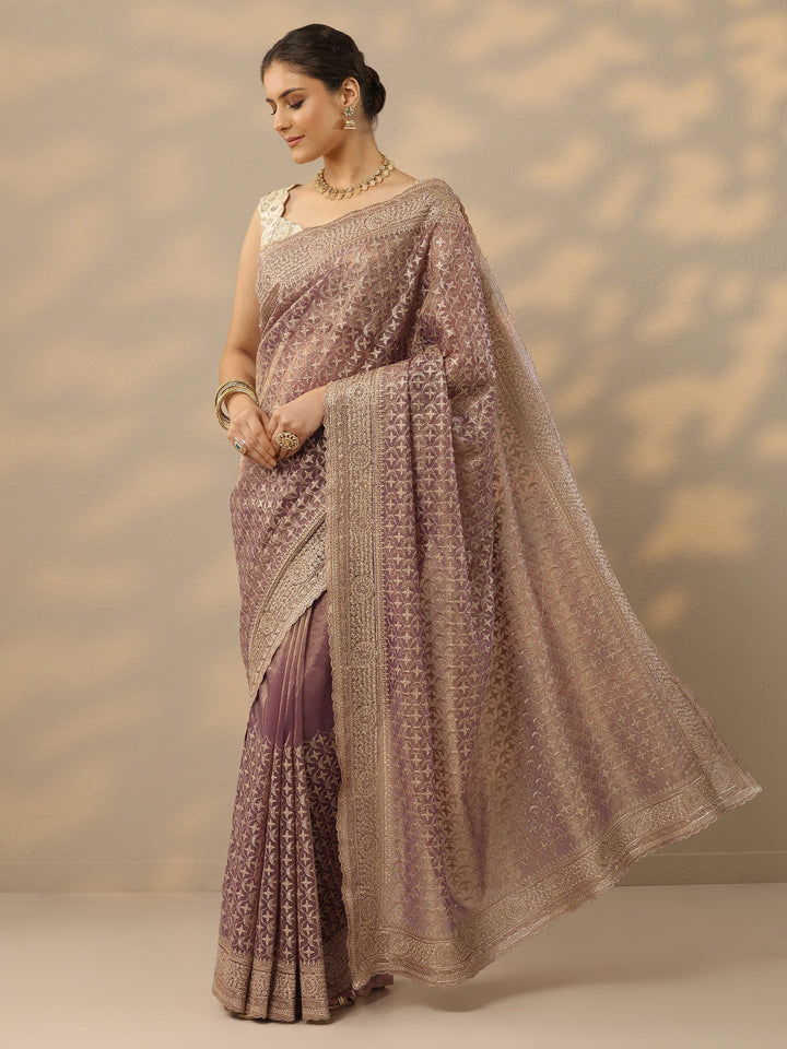 Mauve Embroidered Banarasi Nylon Saree With Unstitched Blouse Piece