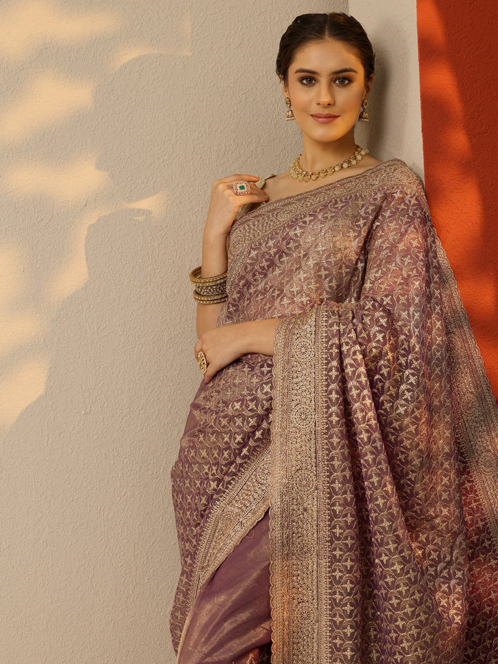 Mauve Embroidered Banarasi Nylon Saree With Unstitched Blouse Piece
