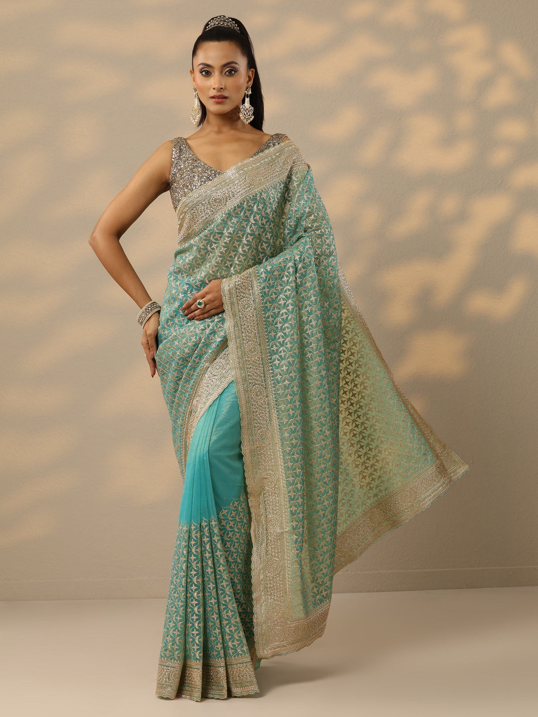 Turquoise Blue Embroidered Banarasi Nylon Saree With Unstitched Blouse Piece