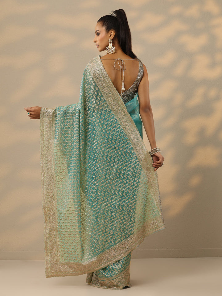 Turquoise Blue Embroidered Banarasi Nylon Saree With Unstitched Blouse Piece