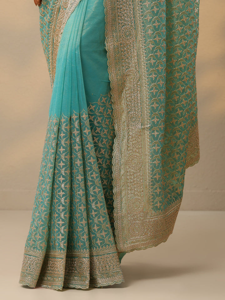 Turquoise Blue Embroidered Banarasi Nylon Saree With Unstitched Blouse Piece