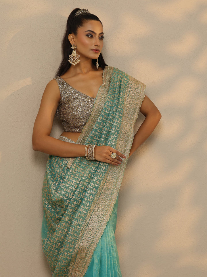 Turquoise Blue Embroidered Banarasi Nylon Saree With Unstitched Blouse Piece