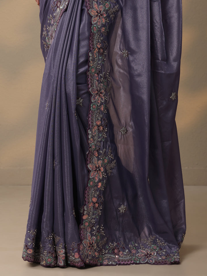 Lavender Embroidered Crepe Saree With Unstitched Blouse Piece