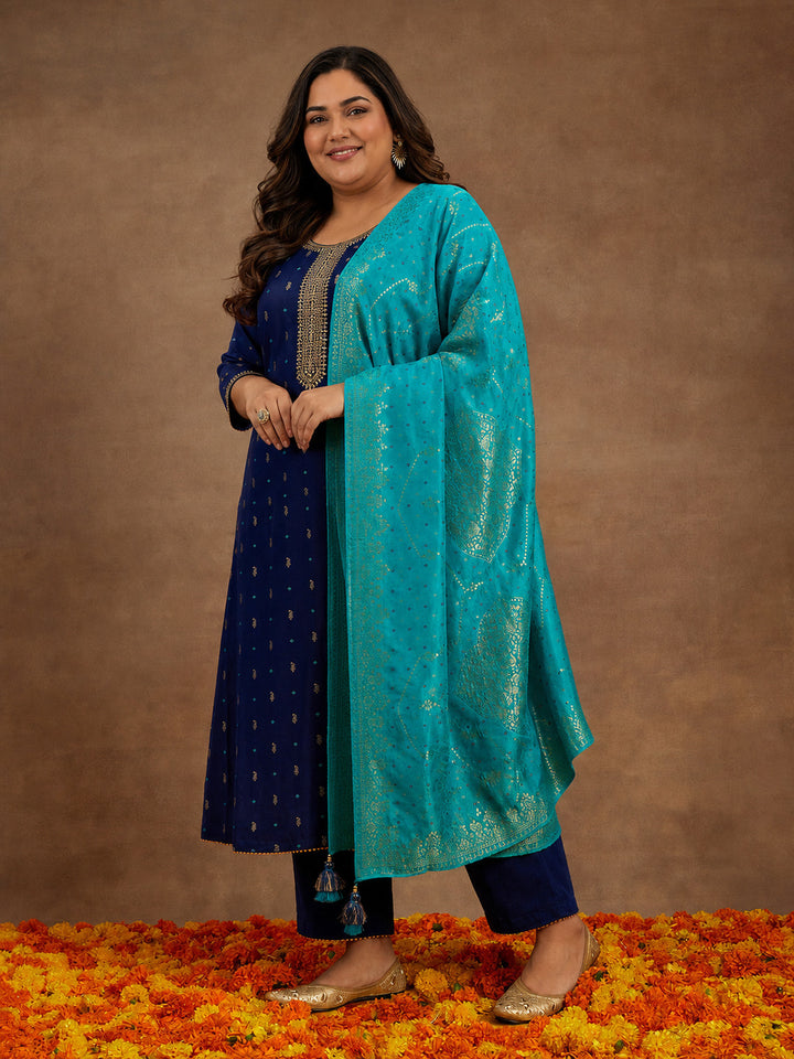 Plus Size Blue Printed Silk Straight Suit With Dupatta