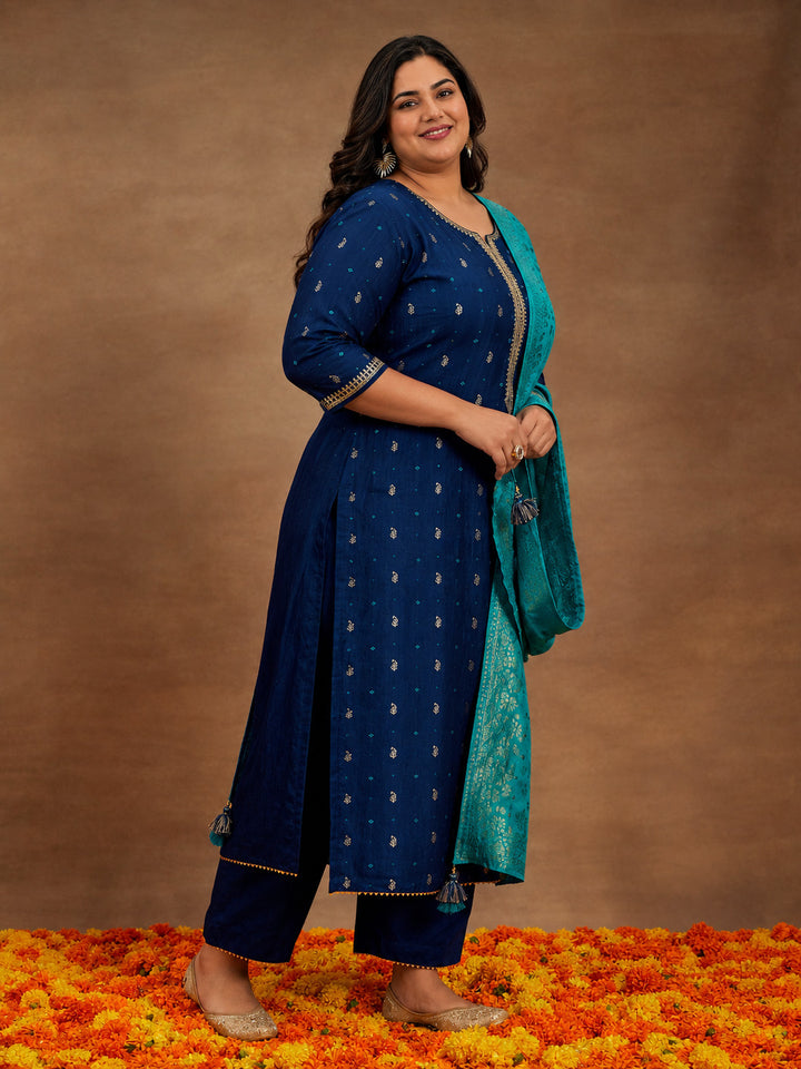 Plus Size Blue Printed Silk Straight Suit With Dupatta