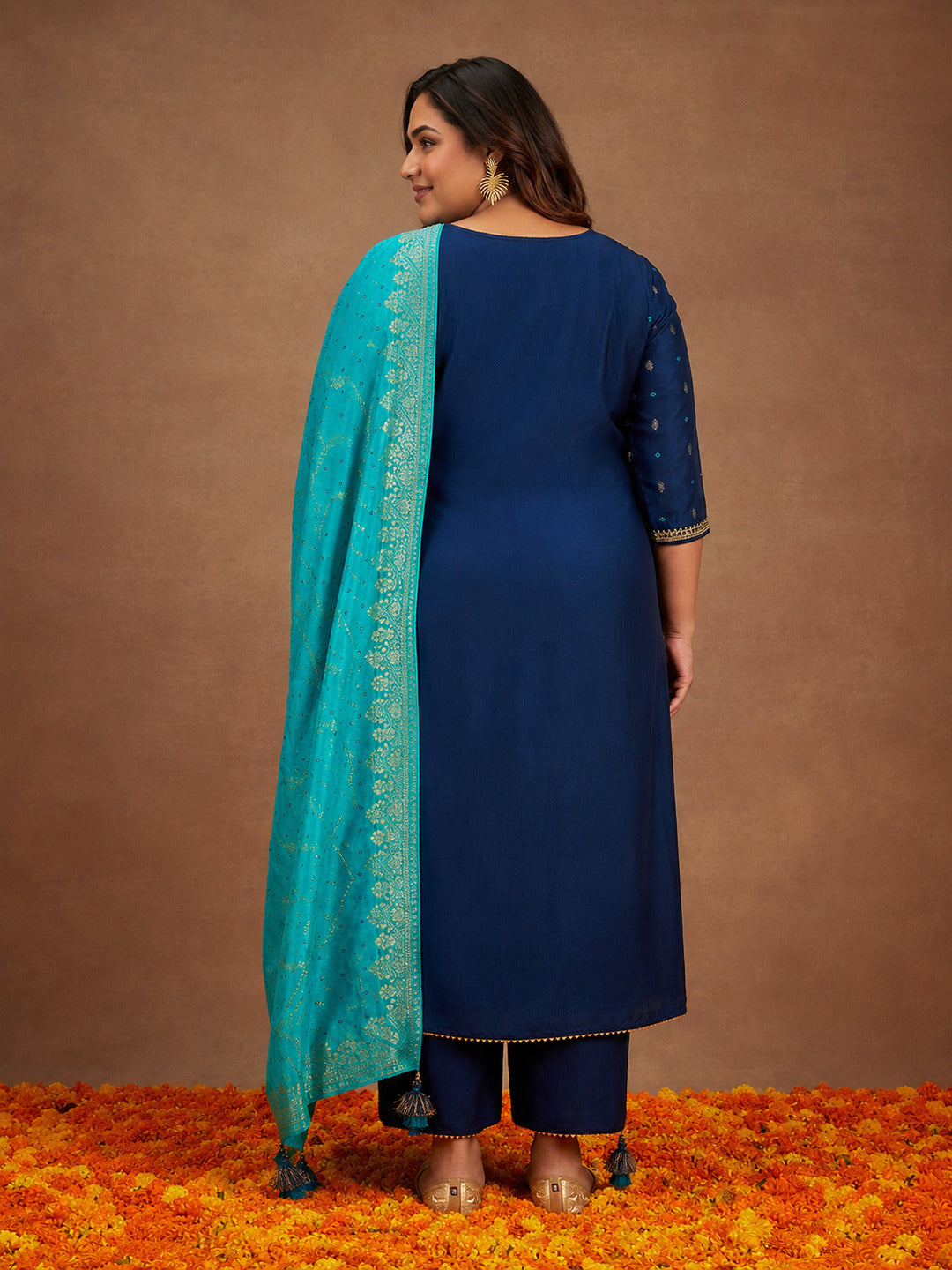 Plus Size Blue Printed Silk Straight Suit With Dupatta