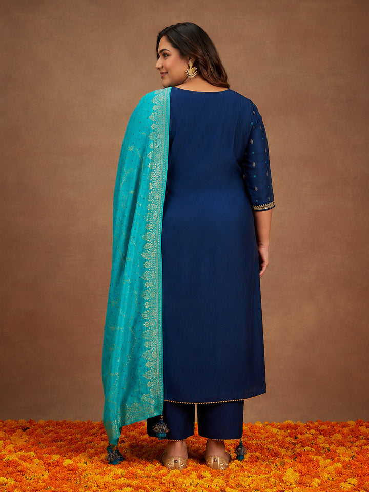 Plus Size Blue Printed Silk Straight Suit With Dupatta
