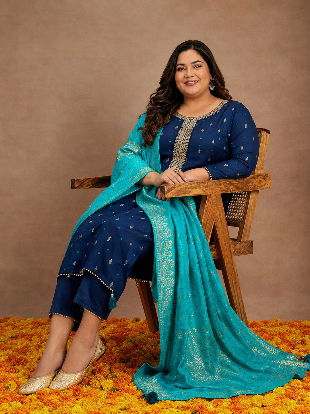 Plus Size Blue Printed Silk Straight Suit With Dupatta