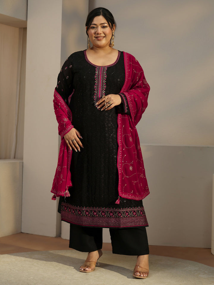 Plus Size Black Embroidered Georgette Straight Suit With Dupatta