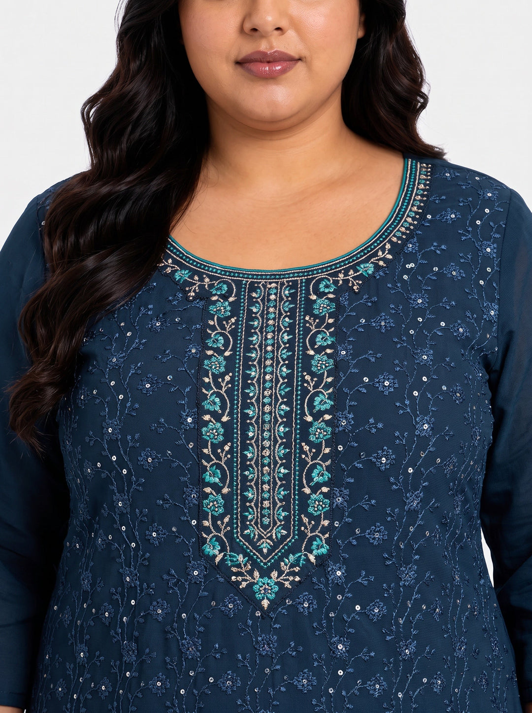 Plus Size Navy Blue Embroidered Georgette Straight Suit With Dupatta